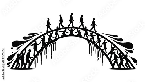 Diverse group of people building and crossing a precarious bridge together
