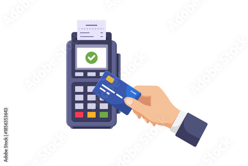 vector illustration of A hand inserts a blue credit card into a payment terminal, while a receipt prints. The scene conveys secure, fast card payments at checkout in a retail environment.