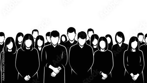 Monochromatic illustration of a diverse group of people standing together, representing unity and community.