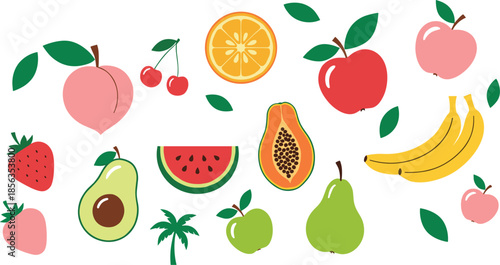 Fresh Fruit Collection Vector Set with Apple Banana Pear Citrus Watermelon Papaya and Tropical Flat Illustration