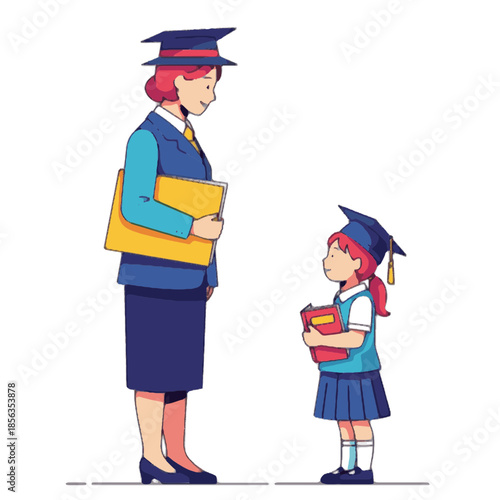 A teacher and student standing together, celebrating academic achievement in a formal educational setting from a straightforward viewpoint