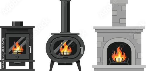 Set of modern wood burning stoves and stone fireplace with fire isolated home heating vector illustration