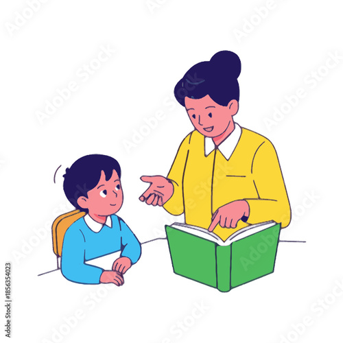 Teacher explaining a storybook to a young student in a classroom setting