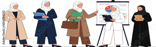 Muslim Business Women Team Vector Illustration with Hijab Professionals Presenting Data Charts in Modern Flat Style