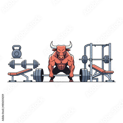 Muscular bull lifting heavy barbell in a gym setting with various fitness equipment.
