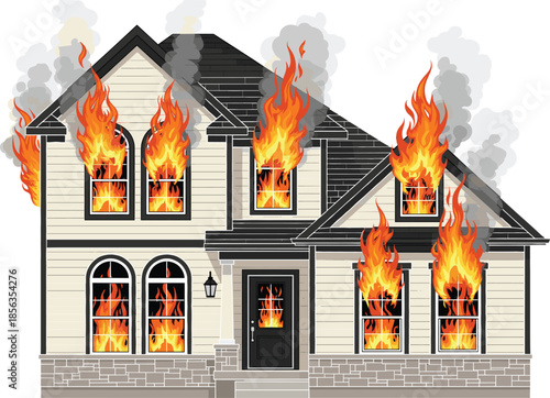 Burning residential house with flames and smoke, fire disaster emergency concept vector illustration isolated on white