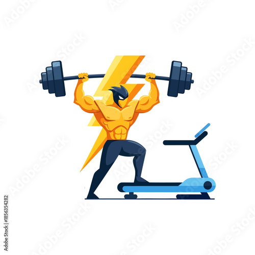 Muscular man lifting heavy barbell with lightning bolt and treadmill.