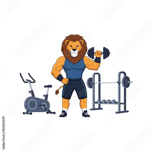 Strong Lion Character Lifting Dumbbell in Gym Setting.