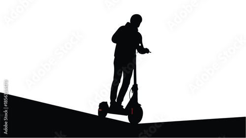 Silhouette of a person riding an electric scooter up a hill against a bright background.
