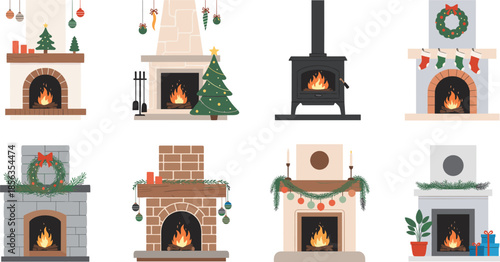 Christmas fireplace and wood stove set with holiday decorations cozy winter home interior vector illustration