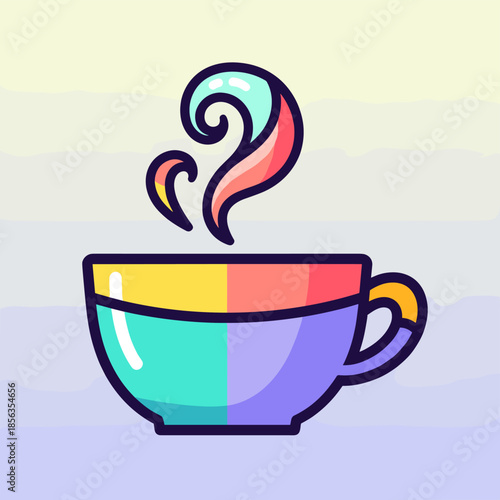 Colorful Cartoon Coffee Cup with Steam Illustration.