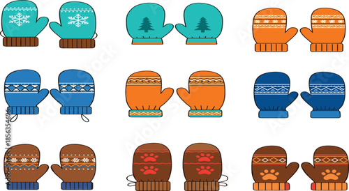 Winter Mittens Collection Vector Set with Cozy Knitted Gloves Patterns Snowflake and Scandinavian Holiday Designs