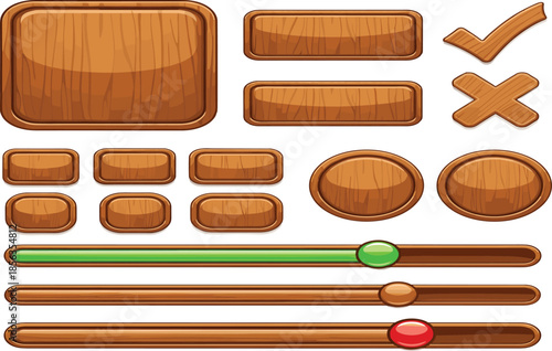 Wooden Game UI Elements Vector Set with Buttons Panels Sliders Checkmarks and Interface Components Isolated