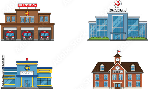 City public service buildings set including fire station hospital police station and school exterior flat vector illustration