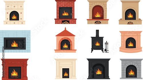 Collection of cozy fireplaces and stoves in various styles for winter home interior design and seasonal decor