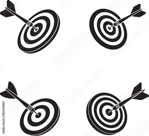 Four black and white illustrations of arrows hitting targets