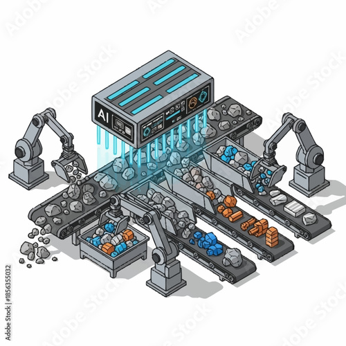 AI powered robotic factory sorting raw materials on conveyor belts.