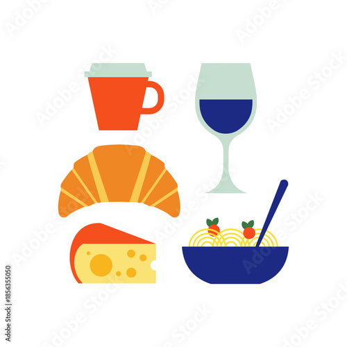 A curated collection of diverse food and drink icons, featuring a croissant, cheese, coffee cup, wine glass, and a steaming bowl of pasta