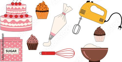 Baking and Dessert Elements Vector Set with Cakes Cupcakes Kitchen Tools Ingredients Flat Illustration