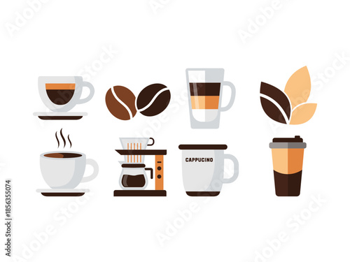 Various coffee drinks and brewing equipment depicted as flat icons on a white background