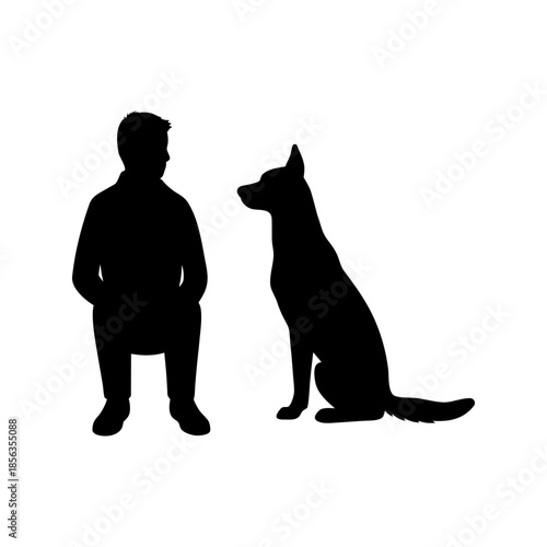 Dog Sitting Beside Owner Silhouette Minimal And Simple White Background Only
