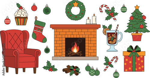 Cozy Christmas living room elements with fireplace armchair decorations gifts and festive holiday winter vector illustration