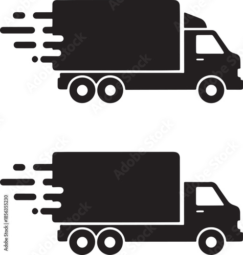 Two black silhouettes of delivery trucks speeding with motion lines