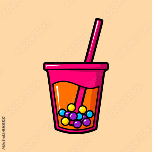 Cartoon Boba Tea Illustration with Colorful Pearls and Straw.