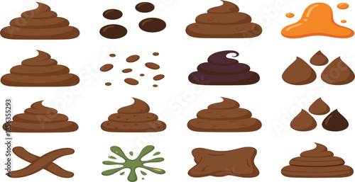 Cartoon Poop Emoji Elements Vector Set with Funny Piles Splashes Drops and Comical Brown Shapes Illustration