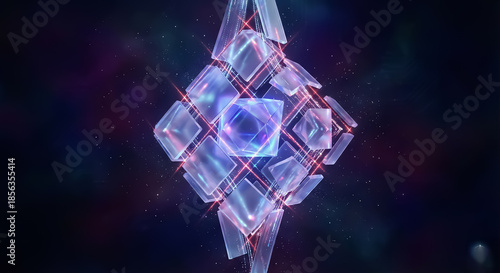 Futuristic 3D Glassmorphism Ketupat featuring glowing red and white fiber optics. An elegant visualization of digital connectivity and modern Silaturahmi, blending Eid tradition with high-tech aesthet