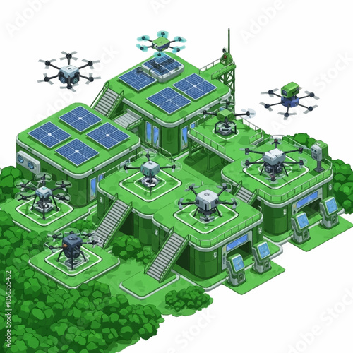 Futuristic Green Energy Drone Base with Solar Panels and Advanced Technology.