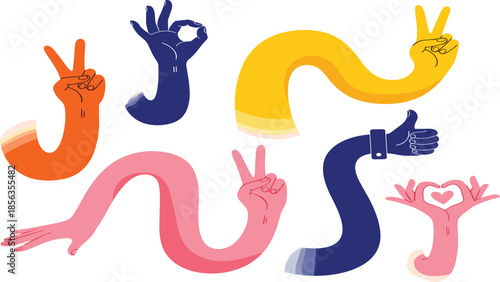 Colorful Abstract Hand Gestures Vector Set with Peace Sign Ok Symbol Thumbs Up and Love Flat Illustration