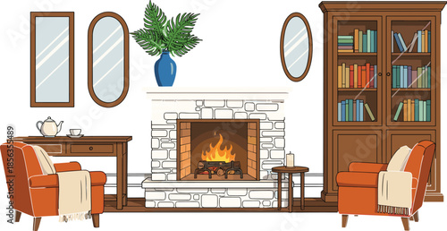 Cozy living room interior with fireplace, armchairs, bookshelf, mirrors, and home decor elements, warm flat vector illustration