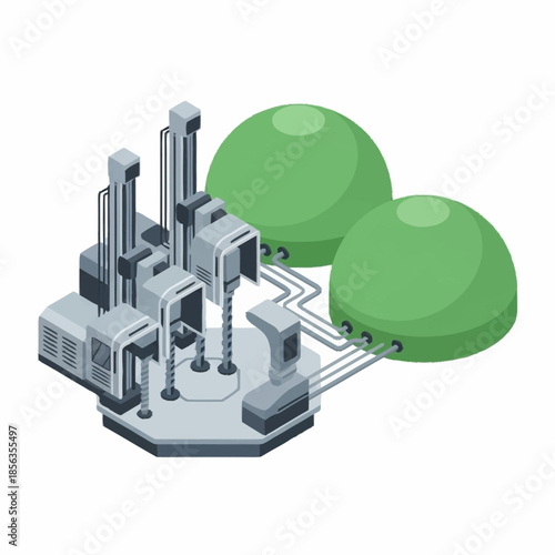 Isometric Biogas Plant with Green Storage Tanks and Processing Units.