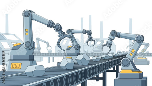 Industrial robots working on a production line with conveyor belt in a factory setting.