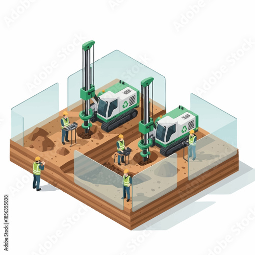 Isometric illustration of a construction site with drilling machines and workers.