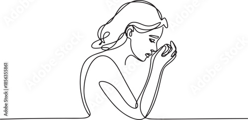 Continuous one line drawing of a young woman feeling sad, tired and worried about mental health depression. one line Art icon drawing