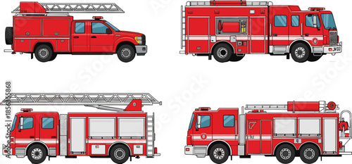 Fire truck collection set showing modern emergency rescue vehicles, ladder engines, and firefighting transport illustrations on white background