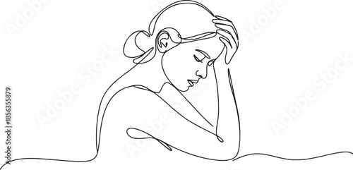 Continuous one line drawing of a young woman feeling sad, tired and worried about mental health depression. one line Art icon drawing