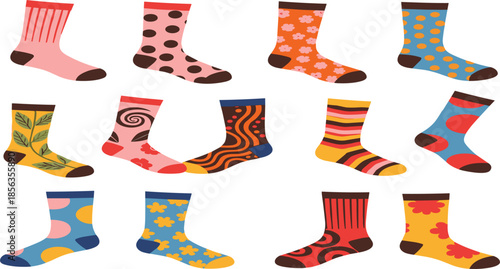 Colorful Patterned Socks Vector Set with Cute Fashion Footwear Designs in Flat Cartoon Illustration Style