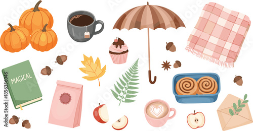 Cozy Autumn Fall Elements Vector Set with Pumpkins Coffee Umbrella Leaves Books and Warm Seasonal Illustration
