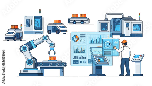 An industrial worker in an orange hard hat interacts with a large digital screen displaying graphs and charts, surrounded by industrial machinery and vehicles in a futuristic factory