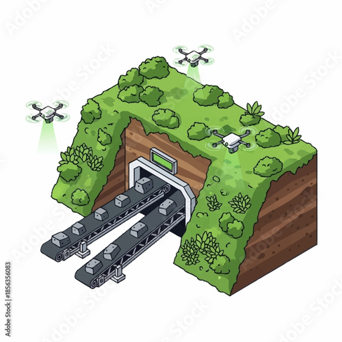 Isometric Illustration of a Mountain Tunnel with Conveyor Belts and Drones.