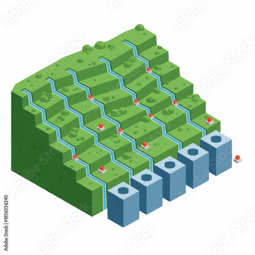 Isometric illustration of a terraced landscape with water flowing into reservoirs.