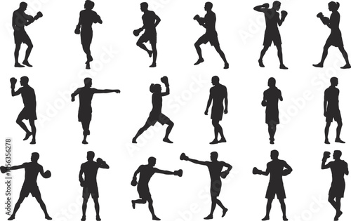 Collection of boxing silhouettes featuring athletes in diverse fighting stances, punches, guards, footwork, and defensive movements for training design