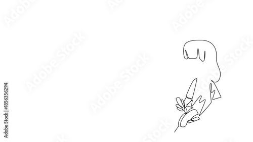 Animated self drawing of one line drawing a girl using a tool to repair shoe, representing struggle, child labor, concept for World Day Against Child Labor campaign. Full length single line animation