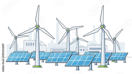 Illustration of wind turbines and solar panels in an industrial setting with a cityscape background, showcasing renewable energy technology.