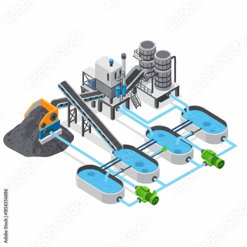 Isometric industrial mining and processing plant with water treatment system.