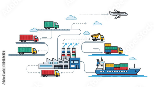 Illustration of a global supply chain network with trucks, ships, and an airplane transporting colorful shipping containers on a white background with a busy and industrial mood.