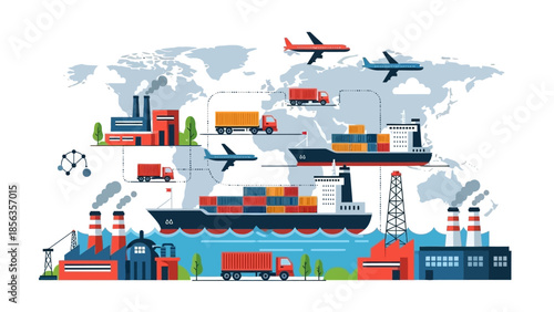 Illustration of global industrial transportation network with cargo ships trucks planes and trains on a world map background